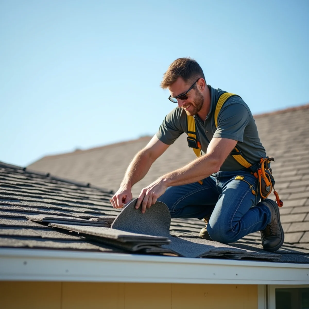 Roofing technician inspecting cracked concrete tiles on an Oceanside home.