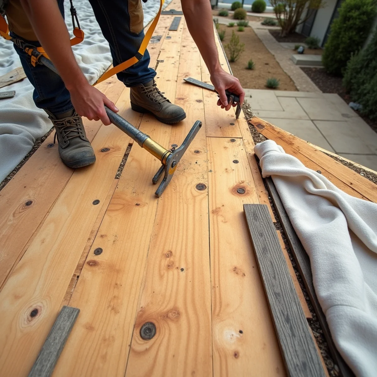 Partially torn-off roof revealing exposed wood decking with old roofing removed.