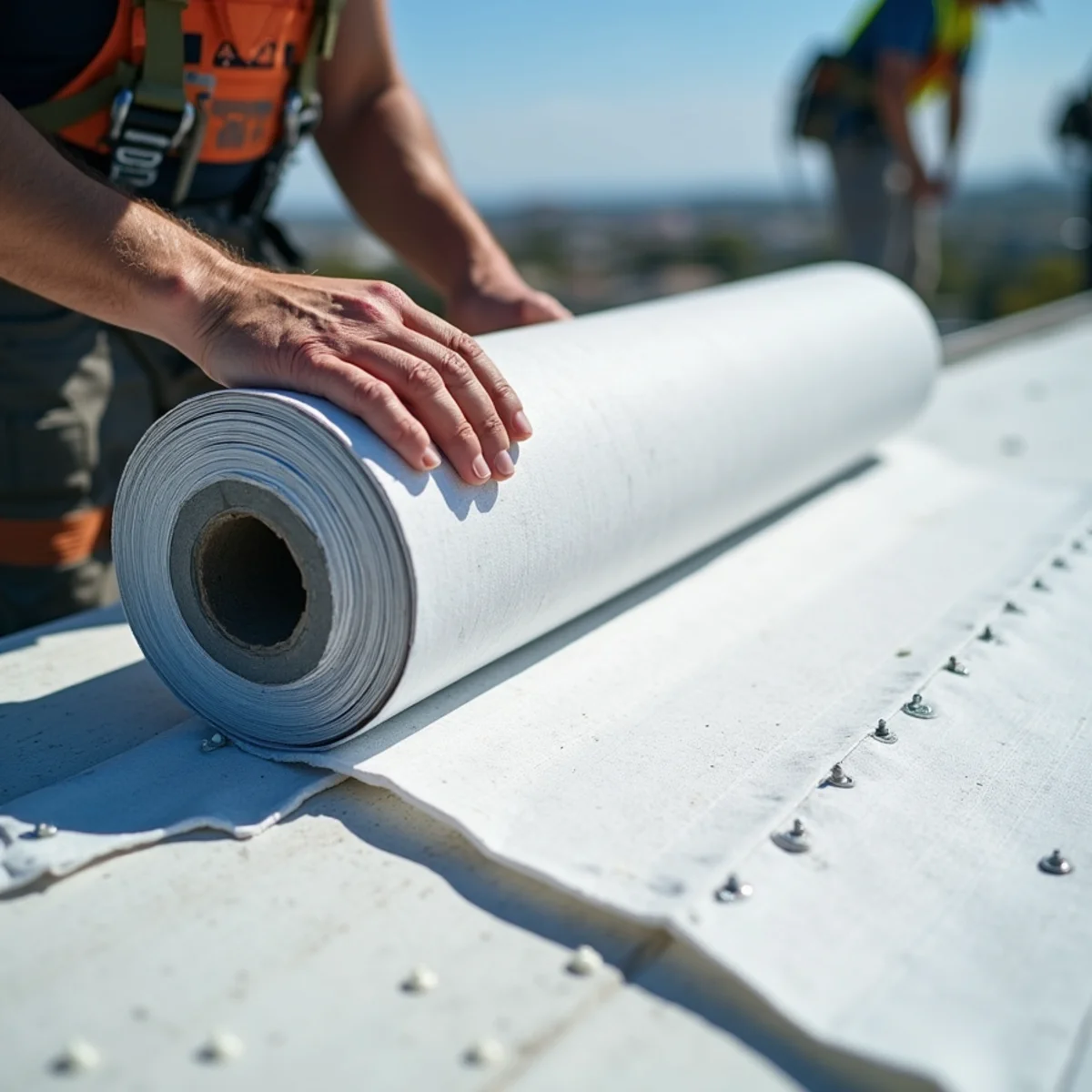 Synthetic underlayment being unrolled and fastened across bare roof decking.