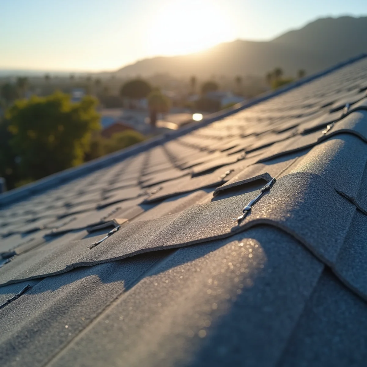 Light-colored cool-roof asphalt shingles freshly installed on a valley home's slope.