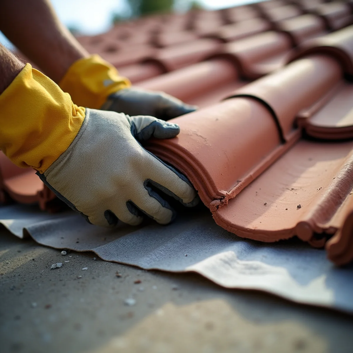 Roofer lifting a clay barrel tile to show fresh underlayment on a coastal bungalow.
