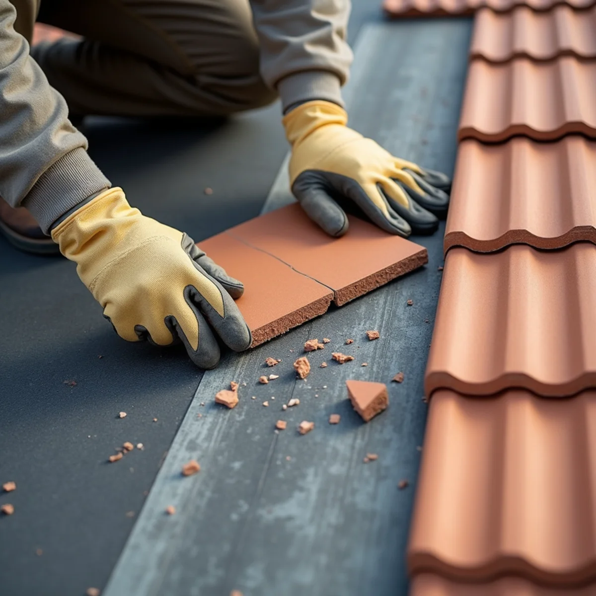 Gloved hands setting a new concrete tile over freshly installed underlayment and battens next to broken tile fragments.