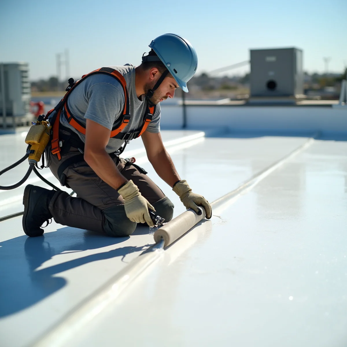 Roofer heat-welding a seam on a white TPO membrane.