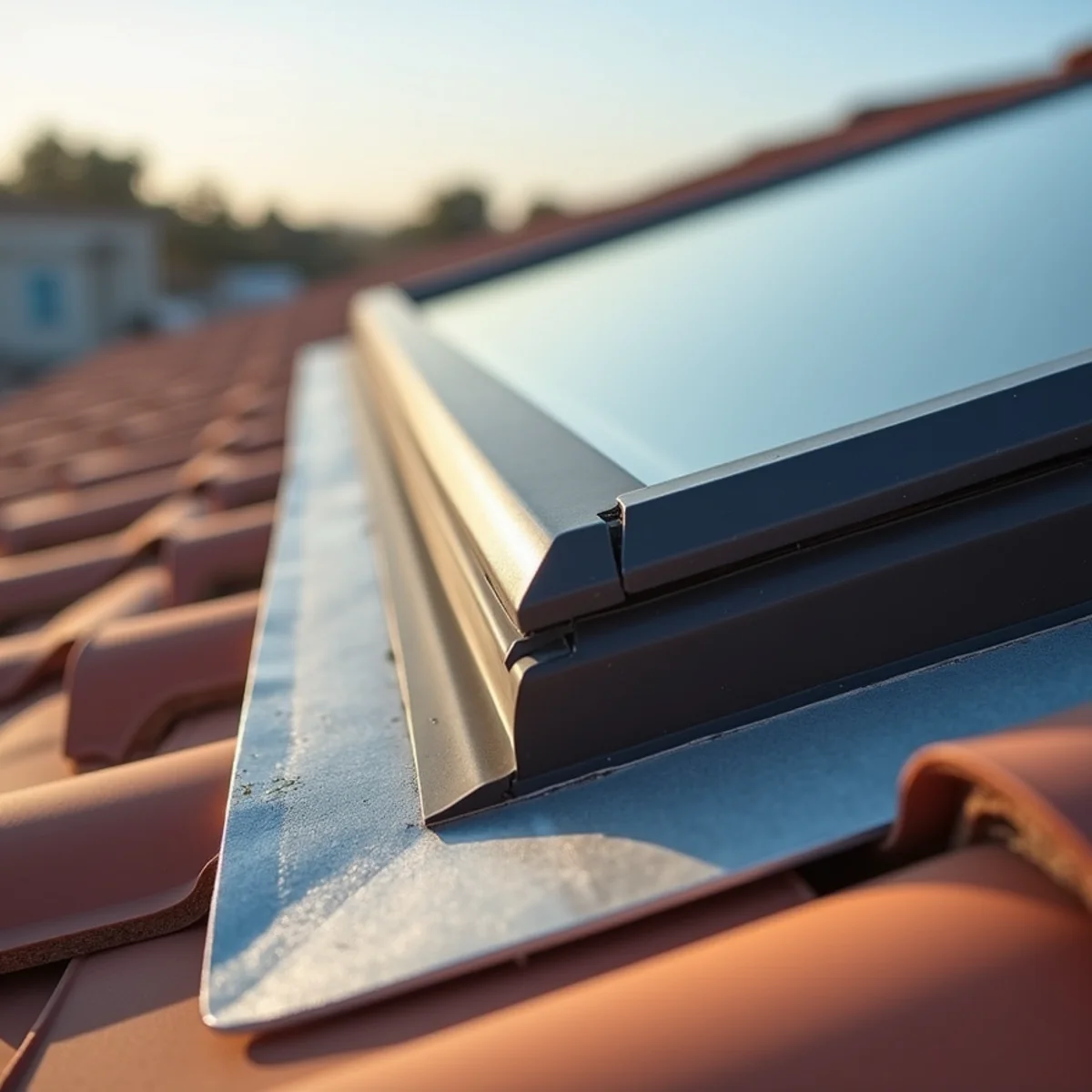 Close-up of a skylight curb with tidy metal step flashing integrated into a tile roof