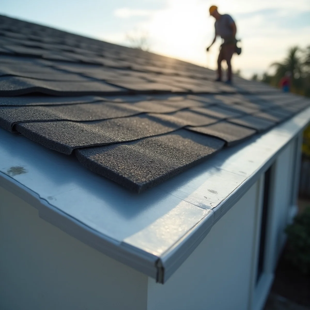 Close-up of clean flashing and neatly installed shingles demonstrating quality workmanship